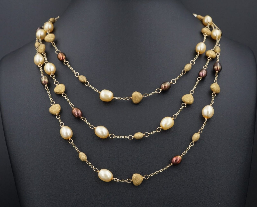 14k Yellow Gold Pearl Multi 3 Strand Torsade Necklace 16.5