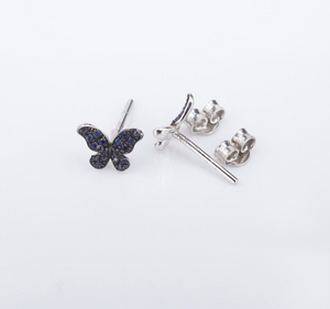 18k Pave Sapphire Stud Butterfly Earrings Mini Natural White Gold New EG2385