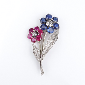 Antique Platinum Gold 5ct Sapphire Ruby Diamond Floral Pin Brooch 1.9" OG441