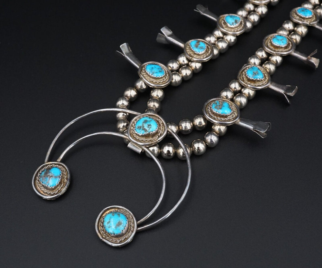 Navajo Sterling Silver Blue Turquoise Squash Blossom Necklace 24