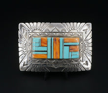 Signed Navajo RS Sterling Silver Turquoise Spiny Oyster Belt Buckle 3" M1790