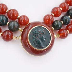 Trianon 14k Gold 3-Strand Carnelian Bloodstone Cameo Bead Necklace 15" NG1405