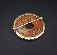 Antique 14k Yellow Gold Carved Jade Pearl Brooch Pin 2 Bats Blessings 1.5" OG419