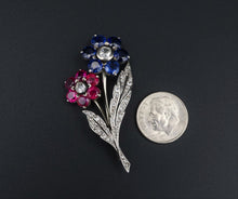 Antique Platinum Gold 5ct Sapphire Ruby Diamond Floral Pin Brooch 1.9" OG441