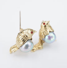 Vintage Love Birds Pin Brooch 14k Yellow Gold Baroque Pearl 3D 1" OG465