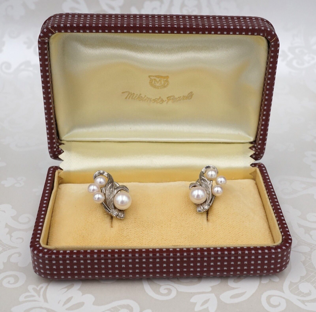 Vintage Mikimoto Pearl Earrings Sterling Silver Cluster Screw Backs Box ES2471