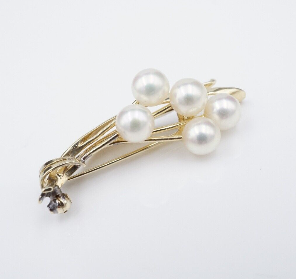 Vintage Mikimoto Pearl Brooch 14k Yellow Gold Spray Pin 1.6