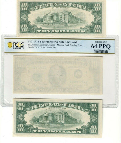 1974 Seq Federal Reserve Note $10 Missing Back Print Error Ch64 PPQ CO626E