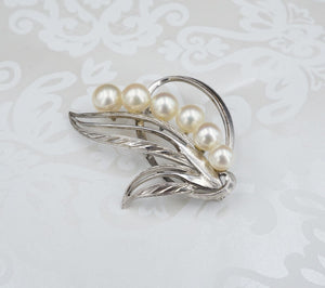 Vintage Mikimoto Pearl Spray Brooch Sterling Silver Ribbon Pin 1.5" OS614