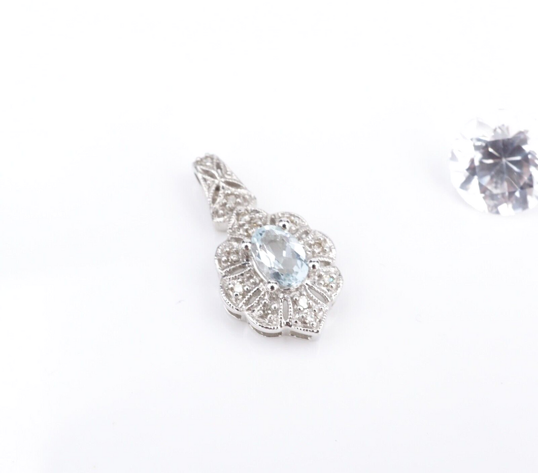 10k White Gold Aquamarine Diamond Vintage Style Pendant 3/4