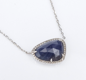 Sterling Silver Sapphire Diamond Halo Pendant Necklace 16-18" NS2168