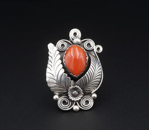 Ornate Navajo Sterling Silver Red Coral Ring Size 8.5 RS3526