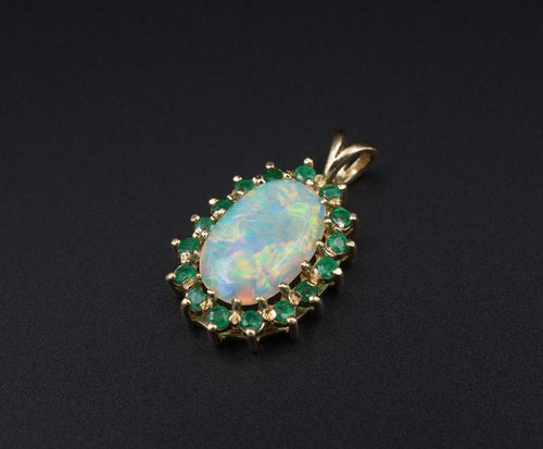 14k Yellow Gold Natural Opal Cabochon Emerald Halo Pendant 1