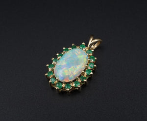 14k Yellow Gold Natural Opal Cabochon Emerald Halo Pendant 1" Vintage PG1904