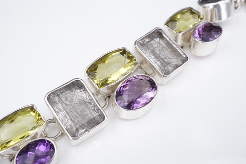 Sterling Silver Rutilated Quartz Amethyst Panel Toggle Bracelet Chunky 7