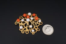 18k Red Coral Pearl Floral Brooch Yellow Gold Abstract Textured Sweden OG470