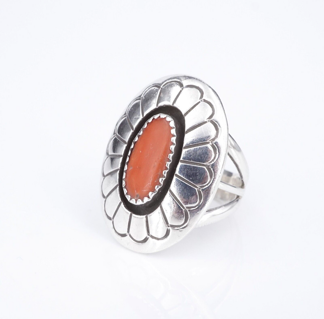 Navajo Red Coral Shadowbox Ring Sterling Silver Size 7.5 Dan Jackson Vtg RS3563