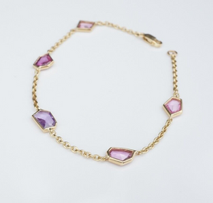 New 14k Yellow Gold Pink Purple 3 carat Sapphire 5 Station Bracelet 7" BG739