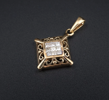 Vintage 10k Yellow Gold 1/4 ctw Natural Diamond Invisible Set Pendant 1" PG1768