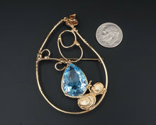 Jean Mahie 9k Pendant Brooch Yellow Gold Blue Topaz Preproduction 2.5" OG327