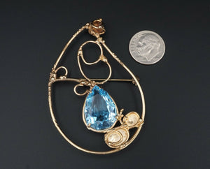 Jean Mahie 9k Pendant Brooch Yellow Gold Blue Topaz Preproduction 2.5" OG327
