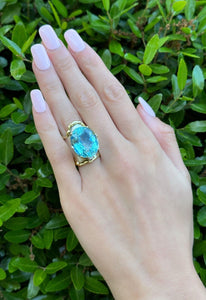 Brutalist Sterling Silver 14k Gold 17ct Aquamarine Cocktail Ring Sz 7.5 RG4120