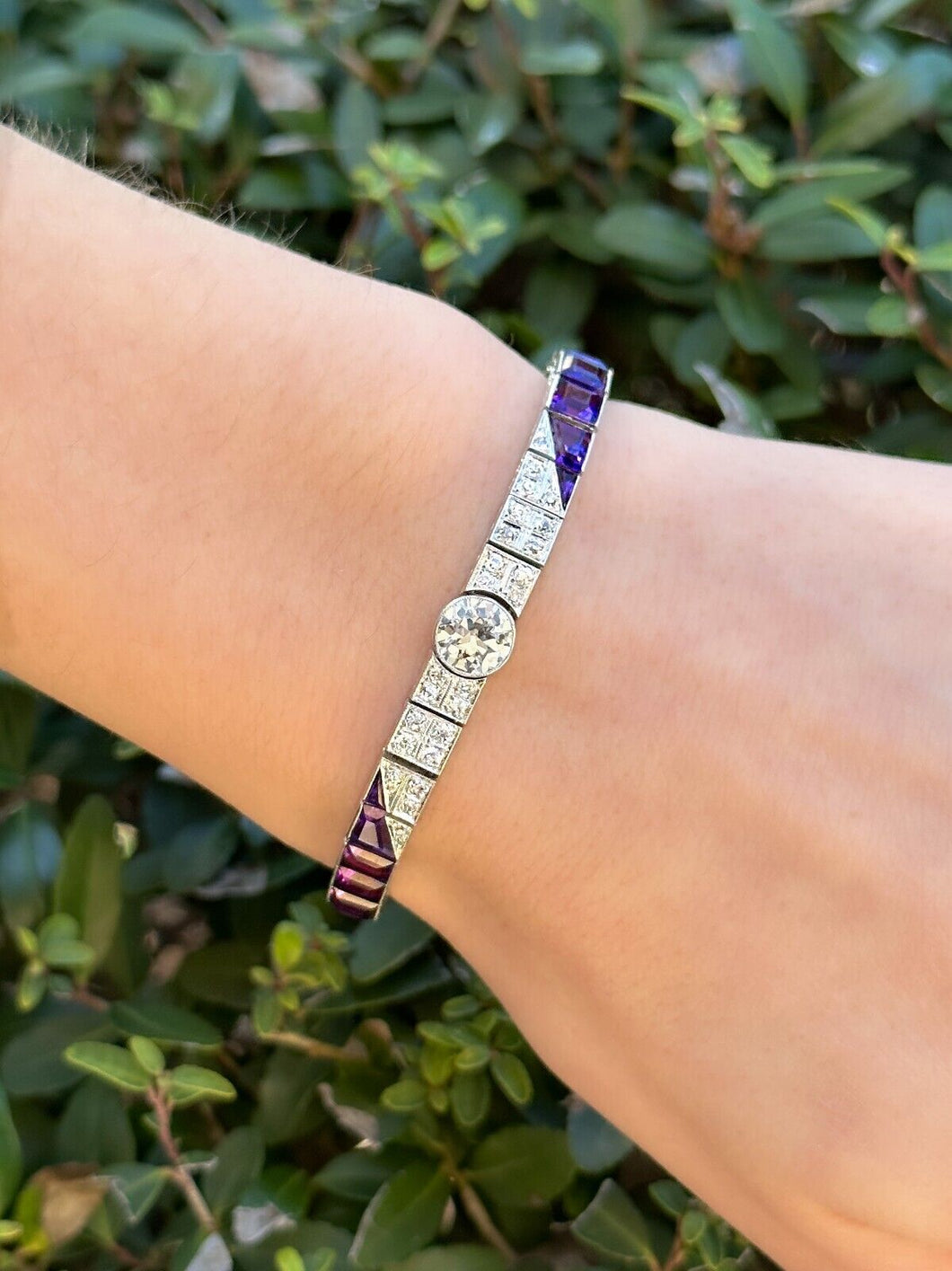 Art Deco Platinum Amethyst OEC Diamond Tennis Bracelet 17.5ctw 6.5