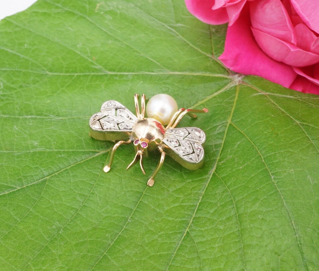 Vintage 18k Gold Bug Pin Brooch Pearl Ruby Eye 3D Fly Moth 2-Tone 1