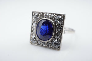 Antique 18K Gold 4ct Blue Ceylon Sapphire Diamond Halo Ring Size 7.25 GIA RG3307