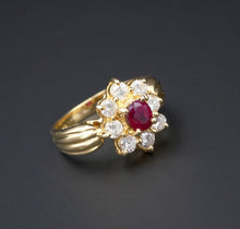 18k Yellow Gold 1.5 ctw Oval Ruby Diamond Halo Flower Ring Size 5.75 RG3567