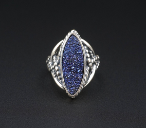 Carolyn Pollack Ring Blue Druzy Quartz Sterling Silver Relios Size 8.25 RS3399