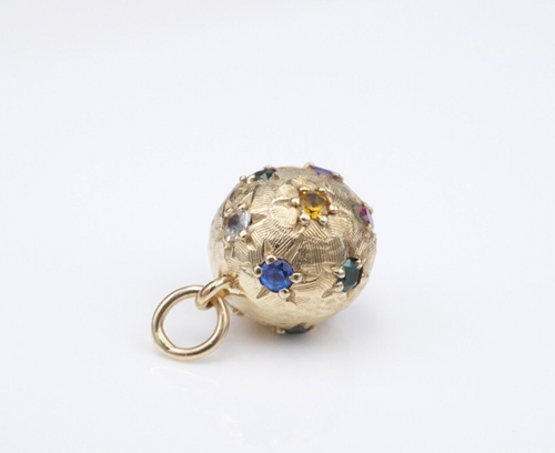 Antique 14k Yellow Gold Starburst Ball Charm Pendant Mixed Gem 10mm CHS1852