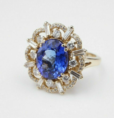 EFFY 14k Yellow Gold 5.7 Carat Natural Tanzanite Diamond Halo Ring Sz 7.25 CO411