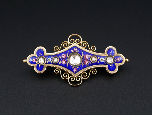 Antique 18k Yellow Gold Rose Cut Diamond Blue Enamel Pin Brooch 1.8