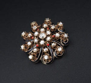 Antique Yellow Gold 2ct Rose Cut Diamond Enamel Sunburst Scroll Brooch CO1052