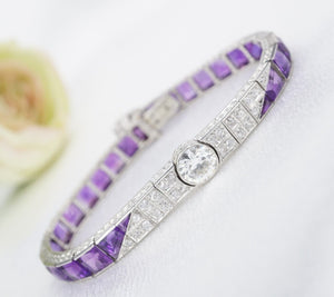 Art Deco Platinum Amethyst OEC Diamond Tennis Bracelet 17.5ctw 6.5" BG865