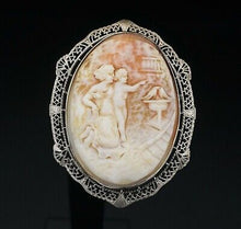 Unique 14k White Gold Carved Shell Mother Child Cameo Pendant Brooch 2" OG345