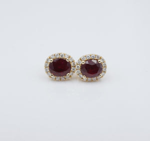 14k Yellow Gold 2.2cttw Natural Ruby Diamond Halo Stud Earrings EG2200