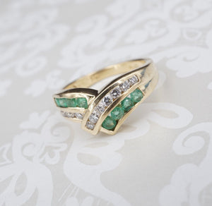 Vintage Alwand Vahan 14k Yellow Gold Diamond Emerald Crossover Ring Sz 7 RG3807