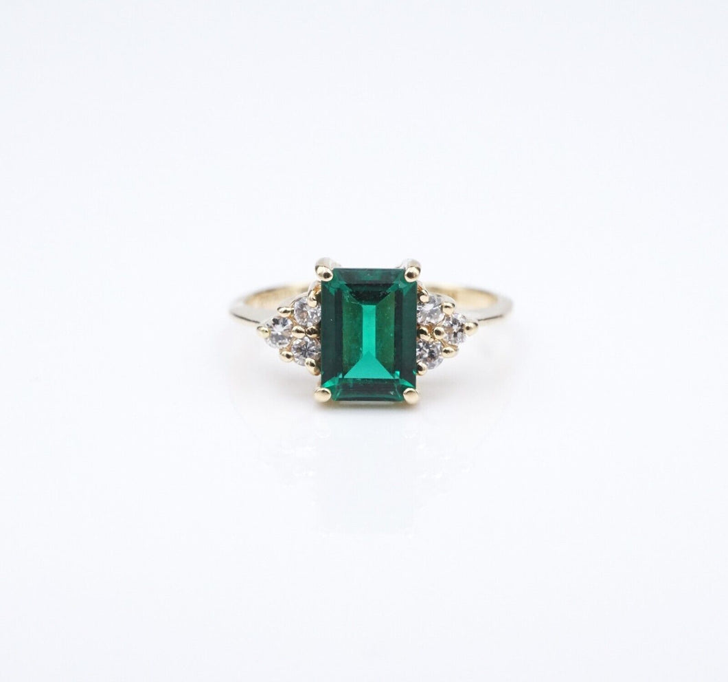 14k Chatham Emerald Diamond Ring Yellow Gold Vintage Petite Sizable RG4176