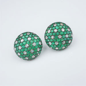 18k Gold Diamond Emerald Earrings Pave Button Dome Omega 20mm 3ct EG2174