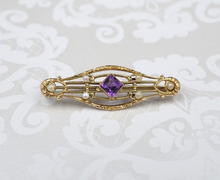 Vintage 14k Gold Bar Pin Brooch Yellow Gold Amethyst Seed Pearl 1/2" OG464