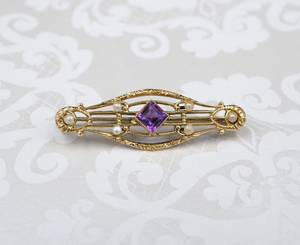 Vintage 14k Gold Bar Pin Brooch Yellow Gold Amethyst Seed Pearl 1/2" OG464