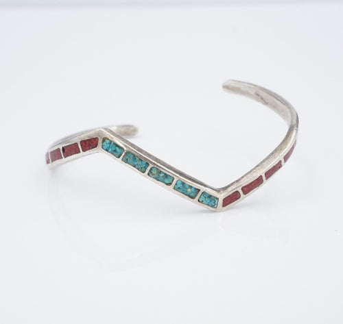 Vintage Inlay Cuff Bracelet Turquoise Coral Sterling Silver 6.25