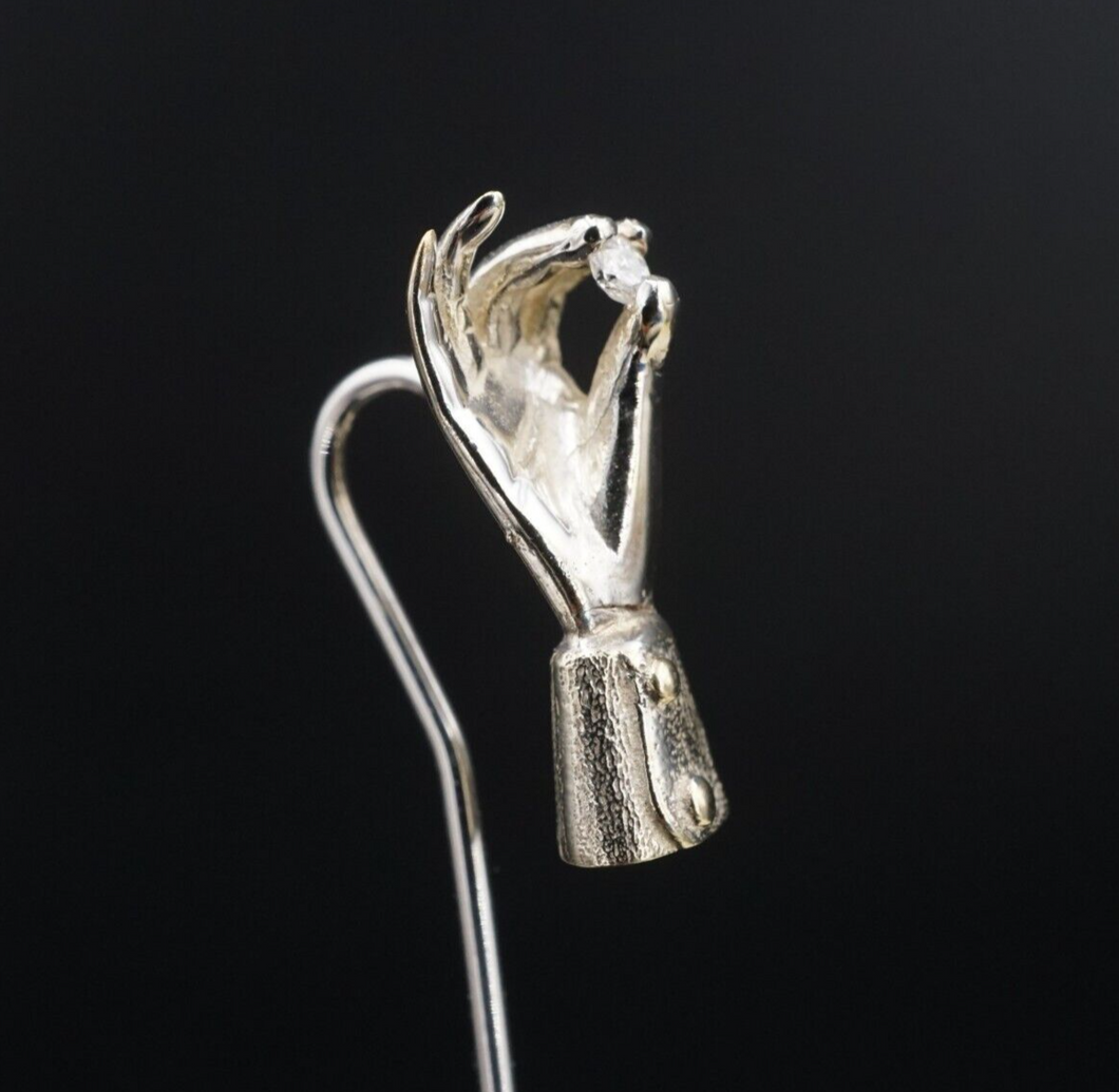 14k Diamond Stick Pin Victorian Gloved Hand Tie Hat Pin White Gold 2.5