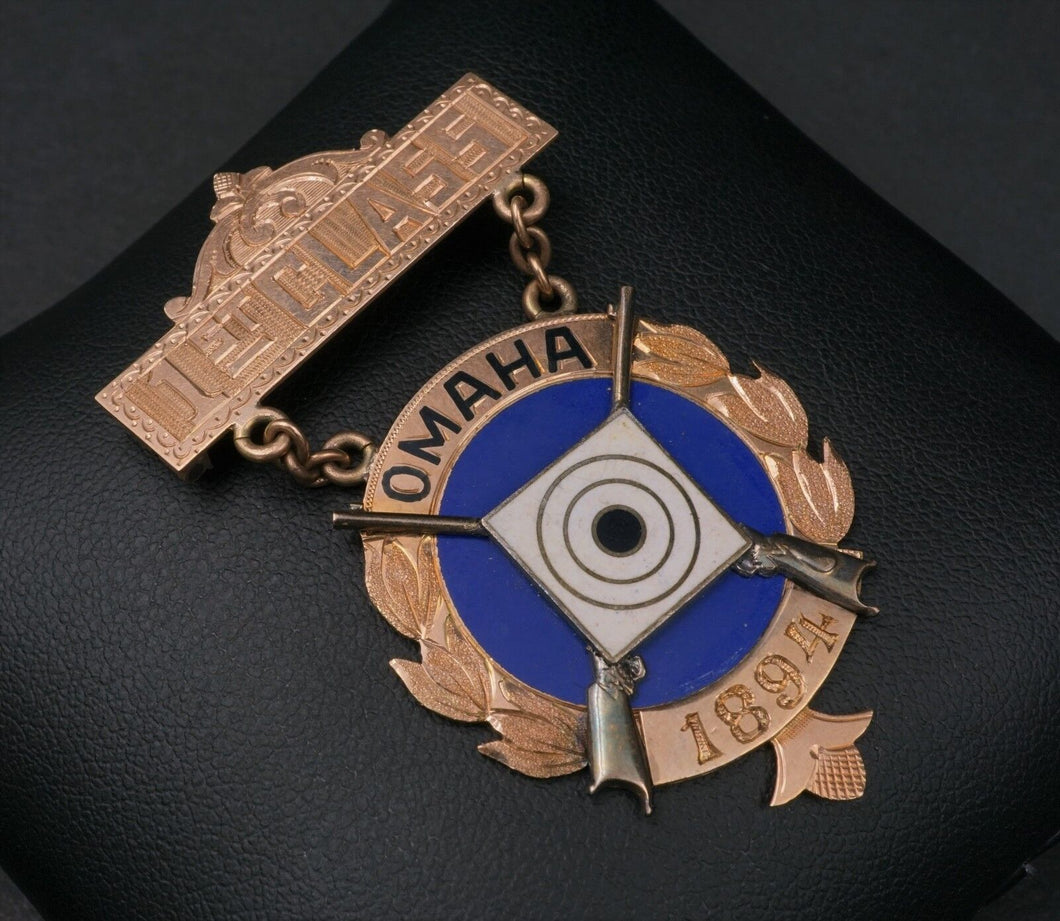 Victorian 14k Enamel 1st Class Marksman Award EIC Rifle Badge US Army 1894 M282