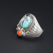 Navajo Oscar Alexius Sterling Silver Coral Turquoise Ring Size 10.25 RS3347