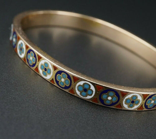 Imperial Russian Enamel Stone Inlay Bangle Bracelet 6.5