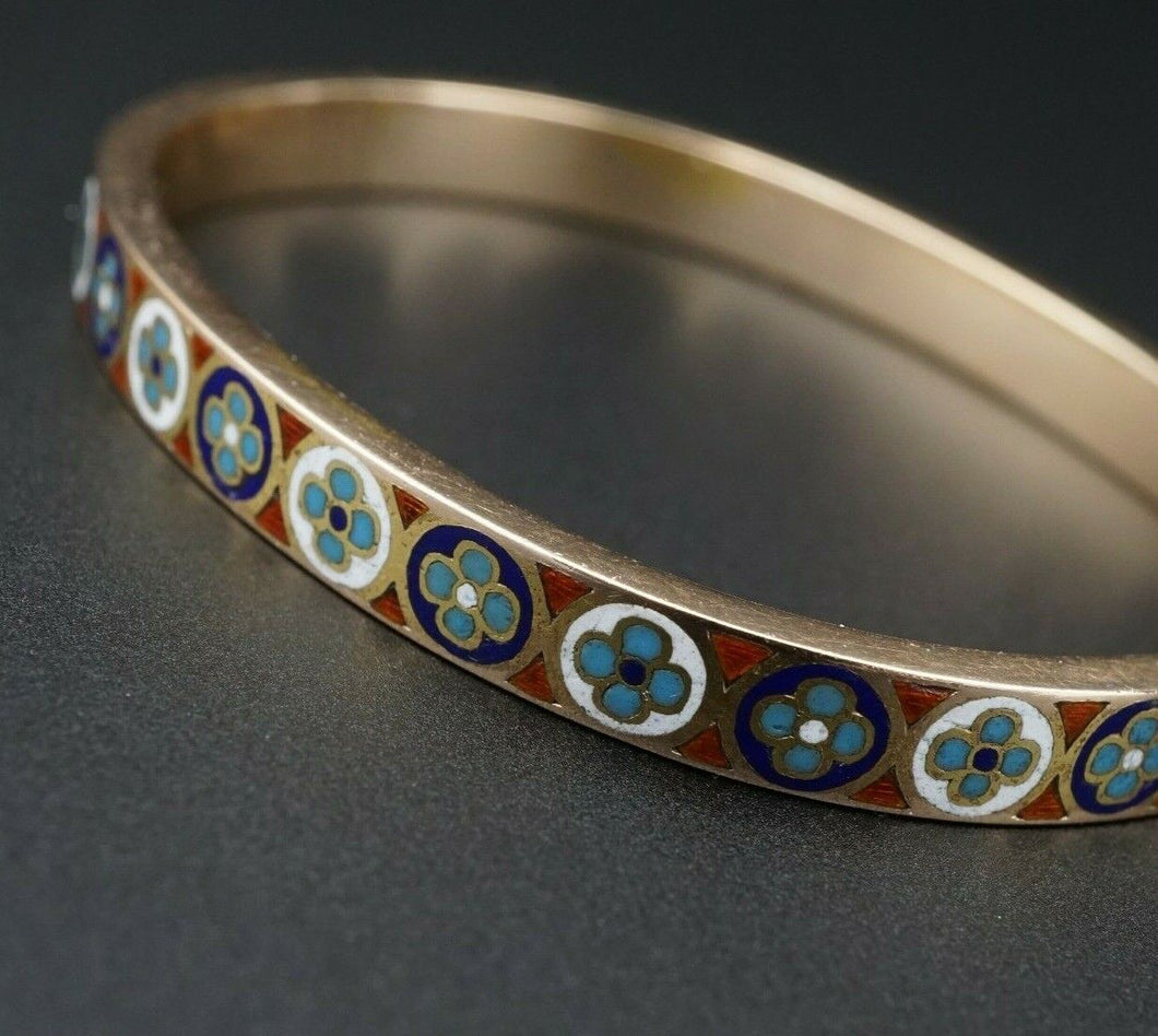 Imperial Russian Enamel Stone Inlay Bangle Bracelet 6.5