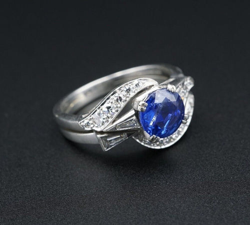 Vintage Platinum 2ct Natural Ceylon Sapphire Diamond Ring Set Size 8 RG3460